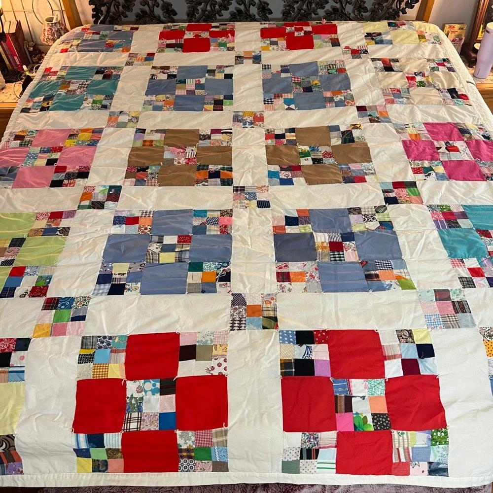 Vintage Handmade Patchwork Quilt Scrappy Multi Color Cotton 90